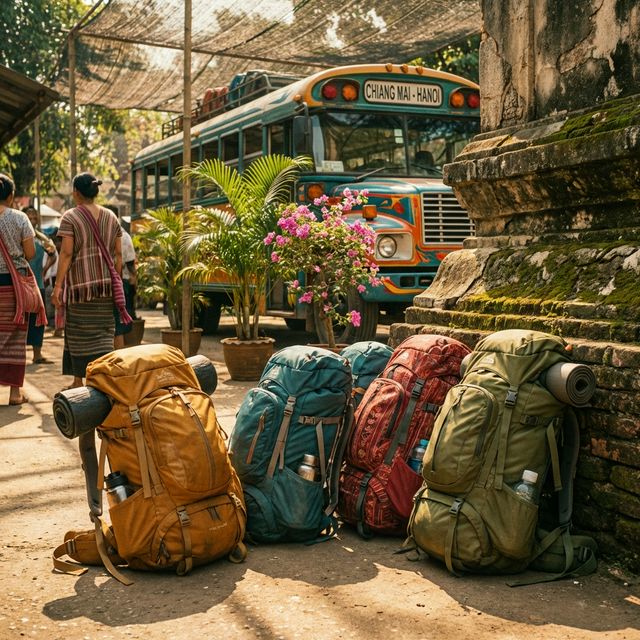 Traveler backpacks lined up at an exotic bus station